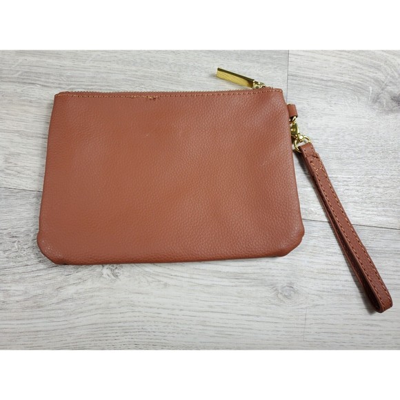 Joy Mangano Leather Wristlet Brown Pebbled Leather Striped Inside - Picture 2 of 8